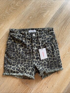 Good American Leopard-Print High-Rise Denim Shorts - Olive/Brown